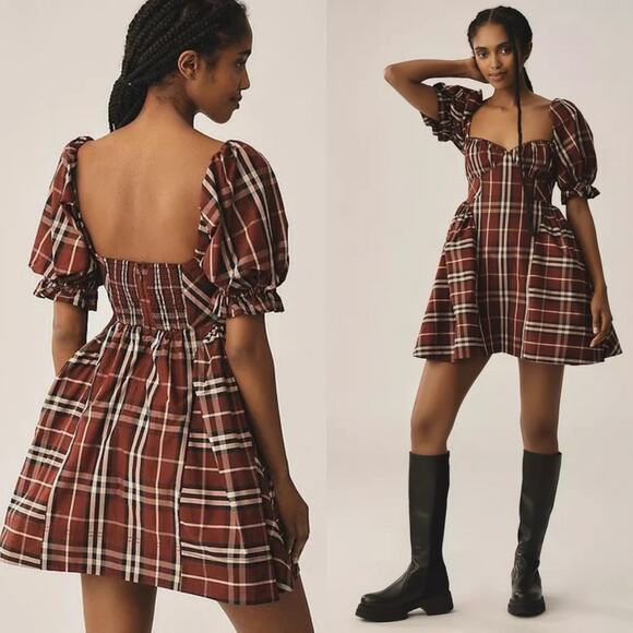 NEW Anthropologie Maeve Maeve Puff Mini Dress In Plaid Large Holiday Preppy Fun - Picture 1 of 12
